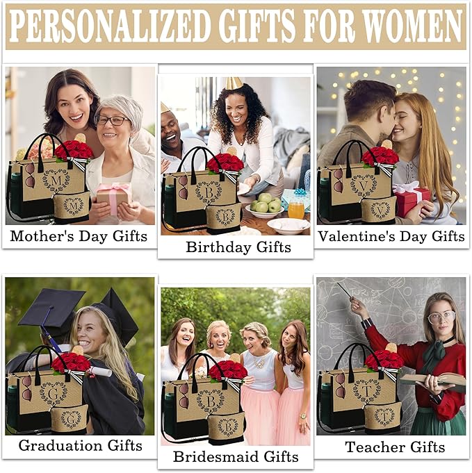 YOOLIFE Christmas Gifts for Women - Initial Jute Tote Bag & Makeup Bag, Birthday Gifts for Women Her Mom Teacher Friend
