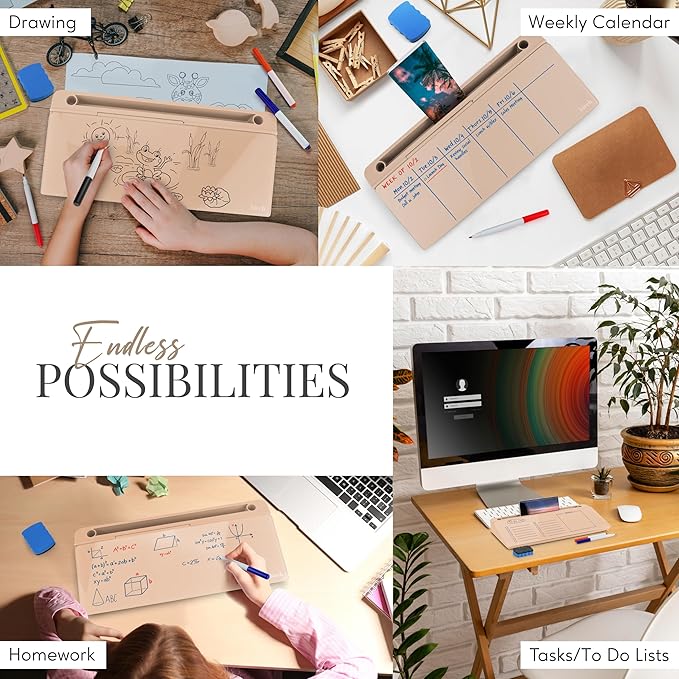 Birch Desktop Whiteboard with Storage & Multiple Marker Surface Desktop Glass Dry Erase Board Desk Top White Board Dry Erase Notepad Desk White Board Tabletop Desk Whiteboard (Sand)