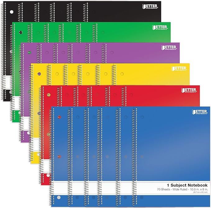 Better Office Products Spiral Notebooks 1-Subject, 24 Pack, Wide Rule, 70 Sheet, 8 x 10.5 inches, 6 Assorted Primary Colors, 24 Pack
