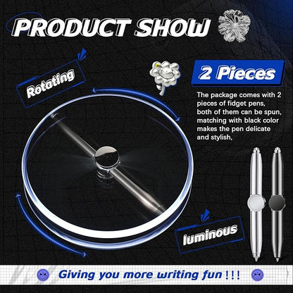 Chinco 2 Pieces Fidget Spinning Pen with LED Light Multi Functional Help Thinking Ballpoint Gift Pen for Adults Students Teenage(Gray, Silver)