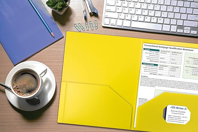 Better Office Products Heavyweight Plastic 2 Pocket Portfolio Folder, Letter Size Poly Folders 24 Pack (Yellow)