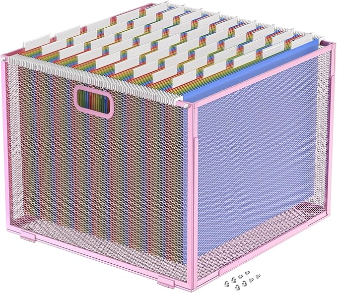 Oterri Hanging File Organizer, Metal File Organizer, Portable Desktop File Organizer for Letter Size Folder, Mesh Hanging File Crate for Office,Folders Not Included(Fairy Pink-Large,1 Pack)