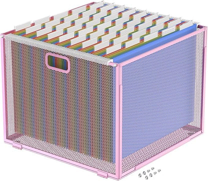 Oterri Hanging File Organizer, Metal File Organizer, Portable Desktop File Organizer for Letter Size Folder, Mesh Hanging File Crate for Office,Folders Not Included(Fairy Pink-Large,1 Pack)