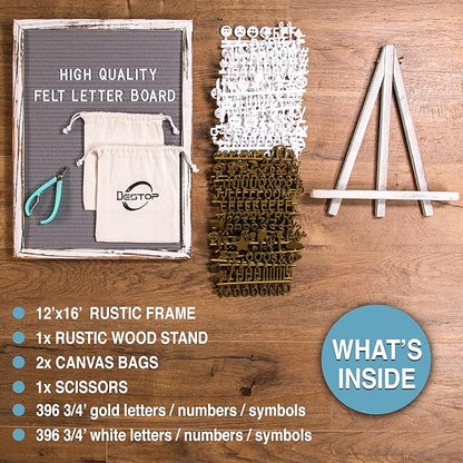 Felt Letter Board with Rustic Vintage Frame and Stand 12x16 inch,Grey Changeable Letter and Message Board Includes 792 Letters, Numbers and Symbols, Hook to Hang, 2 Canvas Bags