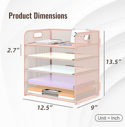2 Pack 5-Tier Pink Desk Organizer with Handle Mesh Desk File/Paper Organizer Letter Tray for Office, School and Home Easy Installation