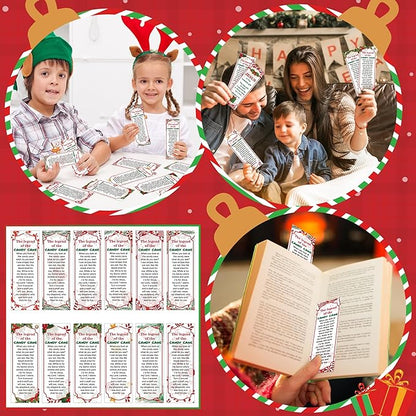 Haooryx 240pcs Christmas Theme Bookmarks, The Legend of The Candy Cane Bookmark with Red Ribbons, Candy Cane J is for Jesus Religious Bookmark Party Favor for Sunday School Supply Students Rewards
