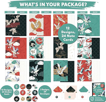 Decorably 24 Pack 4x6in Crane Note Cards with Envelopes and Stickers, 12 Adorable Designs Crane Notecards Envelopes Set, Blank Inside - Baby Shower, Kid's Party, Birthday