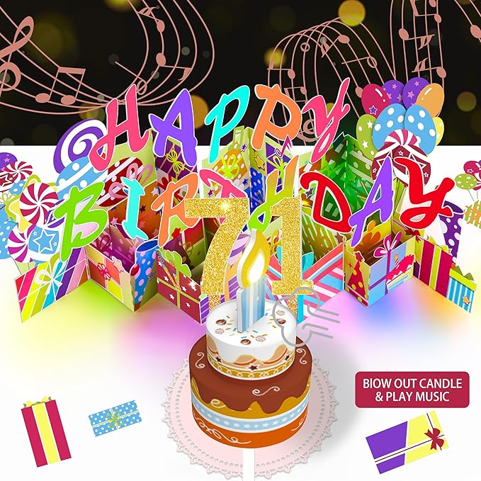 Gumry 71ST Musical Birthday PopUp Card, Blowable Colorful Light Candle 3D Cards with Song, Applause Cheers Sound, Greeting Cards Birthday Gifts Decorations for Women Men Turning 71 Years Old