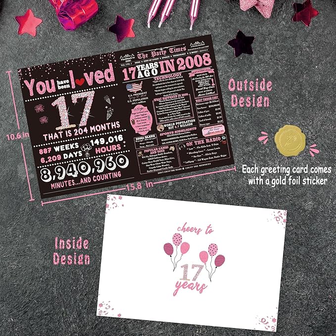 17th Birthday Card Gifts for Girls, Daughter, Niece, Granddaughter, 17th Birthday Decorations for Girls, Large Birthday Card for 17 Year Old, Funny Back in 2008 Birthday Card, Rose Pink Gold