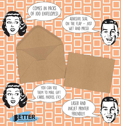 Better Office Products Kraft Invitation Envelopes, 100-Pack, A1 Size (3.625" x 5.12"), Strong 35 lb. Paper, Fits 3.5" x 5" Invitation Cards, RSVP Cards, Photos, Gift Cards (Contoured Gummed Flap)