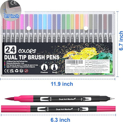 Dual Brush Marker Pens, 24 Colors Art Markers with Fine and Brush Tip Coloring Markers for Adults, Marker for Journaling Calligraphy Drawing Sketching Doodling Illustrating