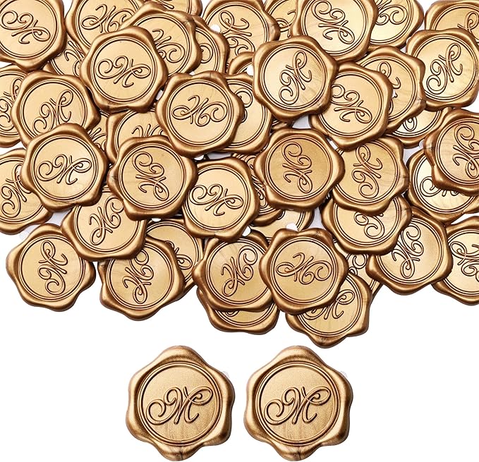 Yoption Initial M Wax Seal Stickers, 100 Pack Gold Self Adhesive Letter Envelope Seal Stickers for Wedding Party Birthday Christmas (M)