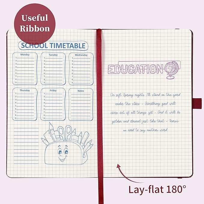 Graph Grid Paper Notebook/Journal - Classic Journal/Notebook with Ribbon Divider, Hardcover with Thick Paper, 5.3" x 8.26", Banded + Pen Holder +Inner Pocket - Burgundy