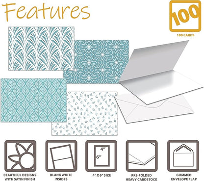 Better Office Products 100-Pack All Occasion Greeting Cards, Assorted Blank Note Cards, 4 x 6 inch, 6 Blue Hue Floral Designs, Blank Inside, with Envelopes, 100 Pack