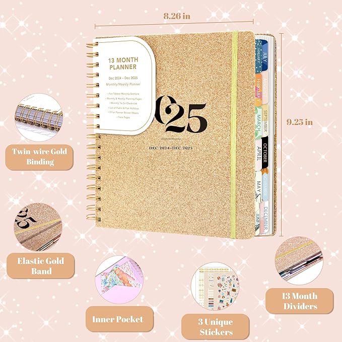 2025 Hardcover Planner Weekly and Monthly, Dec 2024–Dec 2025, Large Spiral Bound Planners 2025 for Women Gifts, 8.3" x 9.3",13 Month Calendar with 13 Tabs, 3 Sticker Sheets, Gold