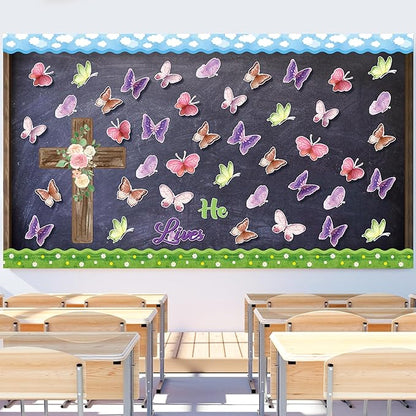 B1ykin 90Pcs Spring He Lives Floral Cross Bulletin Board Decoration Set, Watercolor Butterfly Name Tags Cutouts, Spring Christian Bible Jesus Resurrection Bulletin Boarders for Sunday School Classroom