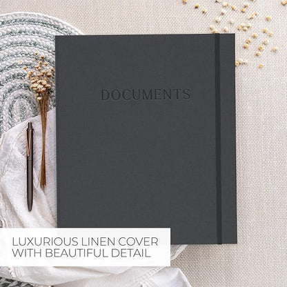 Aesthetic Document Organizer - Sturdy Linen 3-Ring Binder Safely Stores All Your Important Documents and Files in One Place - Easy to Use Expanding Storage Folder Incl. Envelopes, Pockets & Labels