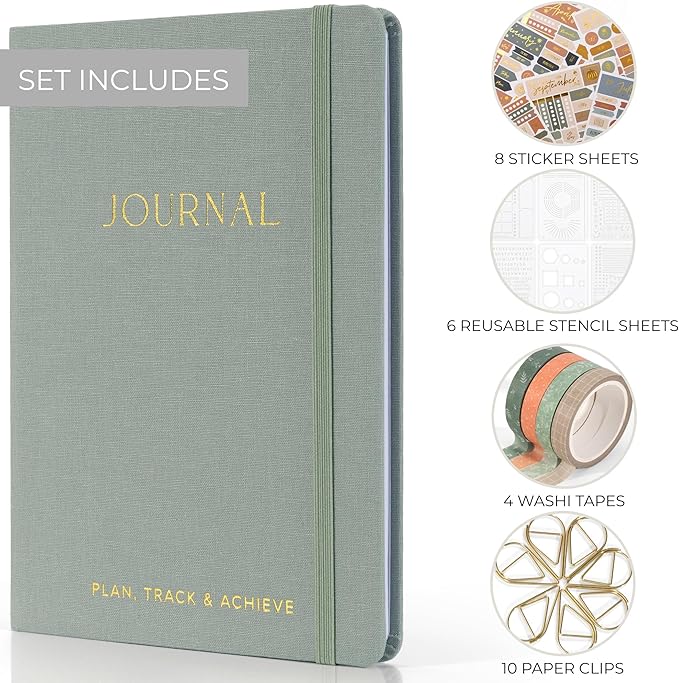 ZICOTO Ultimate All-in-One Journaling Kit - Incl. Journal Notebook With Linen Hardcover and Dotted Pages, Stencils, Stickers, Washi Tapes, Paper Clips and More Bullet Checklist Supplies