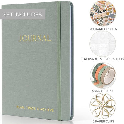 ZICOTO Ultimate All-in-One Journaling Kit - Incl. Journal Notebook With Linen Hardcover and Dotted Pages, Stencils, Stickers, Washi Tapes, Paper Clips and More Bullet Checklist Supplies