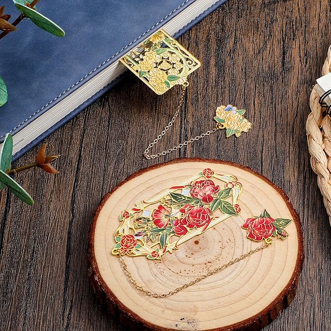 2 Pcs Metal Rose Bookmarks, Beautiful Book Marks for Reading Women Vintage Bookmarks with Metal Chain Pretty Bookmark Gift for Book Lovers Readers Birthday Christmas Gifts(Red, Yellow Roses)