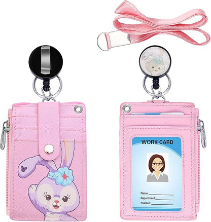 Cute ID Badge Holder Retractable Lanyard Reel Clip with Heavy Duty Carabiner,5 Card Slots in 2 Sided with Key Ring and Zipper for Students Teens Boys Girls Office Staff Women (Purple Rabbit)