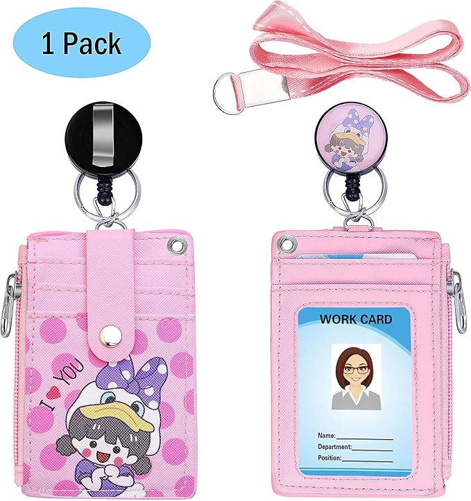 Cute ID Badge Holder Retractable Lanyard Reel Clip with Heavy Duty Carabiner,5 Card Slots in2 Sided with Key Ring and Zipper for Students Teens Boys Girls Office Staff Women (Purple Girl)