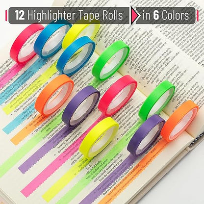 Mr. Pen- Highlighter Tape, 12 Rolls, 0.31" x 16.5 ft, Bible Highlighter Tape, Colorful Highlighter Strips, Transparent Highlighter Tape Removable for Books, Highlighting Tape, Highlight Tape
