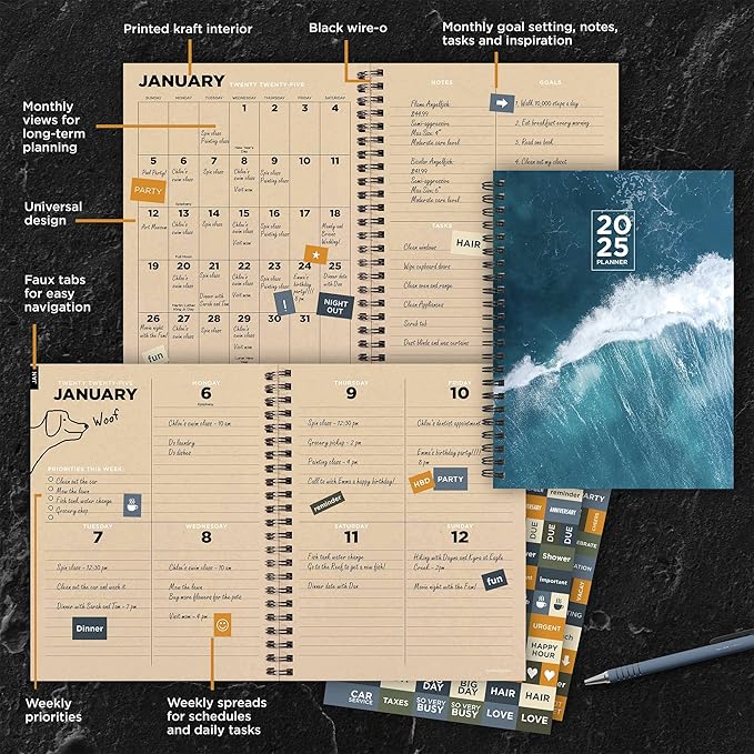 TF PUBLISHING 2025 Big Wave Medium Weekly Monthly Planner - Goals & Task Trackers - Planner Monthly and Weekly with Organizer Stickers - 12 Month Calendar Planner - 6.5" x 8"