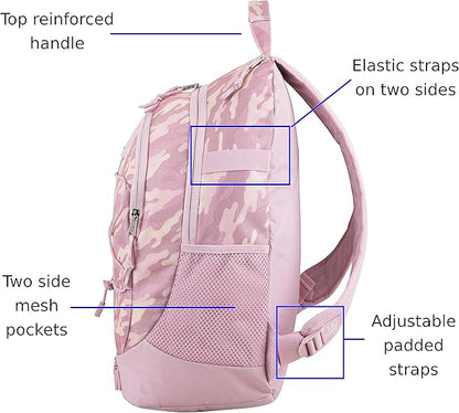 FUEL Hiking Backpack for Women Men Terra Sport, Travel, College, Gym, Work with Laptop Sleeve, Bungee, 18 Inches, Pink Camouflage