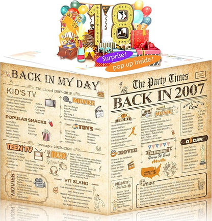18th Birthday Card for Girls Boys, 3D Pop Up 18th Birthday Gifts Cards, Happy 18 Birthdays Decorations for 18 Year Old Son Daughter, Funny Back In 2007, Classy Vintage
