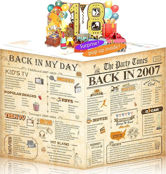 18th Birthday Card for Girls Boys, 3D Pop Up 18th Birthday Gifts Cards, Happy 18 Birthdays Decorations for 18 Year Old Son Daughter, Funny Back In 2007, Classy Vintage