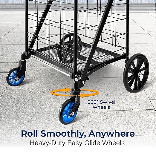 SereneLife Utility Shopping Supermarket Cart, 360 Rolling Swivel Front Wheels, Collapsible Utility Cart, Heavy Duty, Portable, 3.5" D x 19.5" W x 38" H, Large Capacity 110 lbs, Luggage, Laundry, Blue