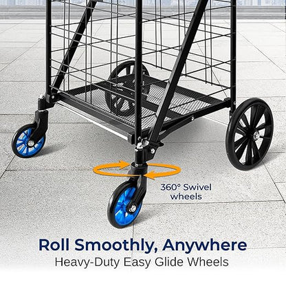 SereneLife Utility Shopping Supermarket Cart, 360 Rolling Swivel Front Wheels, Collapsible Utility Cart, Heavy Duty, Portable, 3.5" D x 19.5" W x 38" H, Large Capacity 110 lbs, Luggage, Laundry, Blue