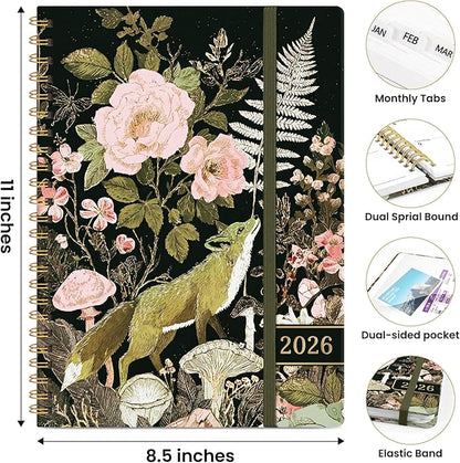 2026 Planner, Weekly and Monthly Planner for Women, January 2026 to December 2026, Pretty Hardcover 2026 Calendar Planner Book with Tabs, Inner Pocket, Spiral Bound, Perfect Office Home School Supplies - 8.5" x 11", Wildwood Fox