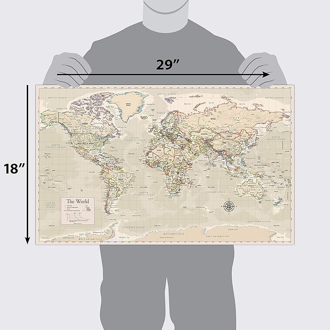 Antique Laminated World Map & US Map Poster Set - 18" x 29" - Wall Chart Maps of the World & United States - Made in the USA - (LAMINATED, 18" x 29")