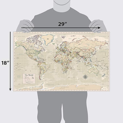 Antique Laminated World Map & US Map Poster Set - 18" x 29" - Wall Chart Maps of the World & United States - Made in the USA - (LAMINATED, 18" x 29")