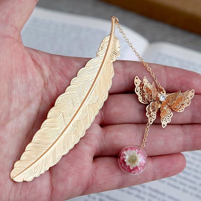 Toirxarn Gold Feather Bookmark with Butterfly Charm - Elegant Bookmarks for Women, Teacher Appreciation Gifts, Book Lovers Gifts, Book Marker for Reading, Unique Birthday Gifts, Stocking Stuffers
