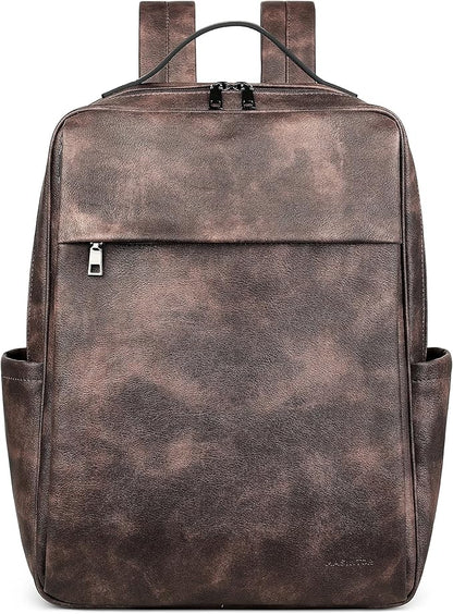 MASINTOR 15.6 inch PU Leather Laptop Backpack Purse for Women, Large College Casual Backpack Travel Bag Retro Coffee