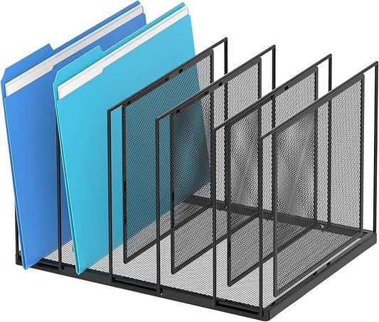 Inclined Desktop File Sorter, 5-Section Vertical File Folder, Mail Sorter Organizer for file holders, Metal File Organizer, Desktop File Folder Organizer for Office Classroom, Black