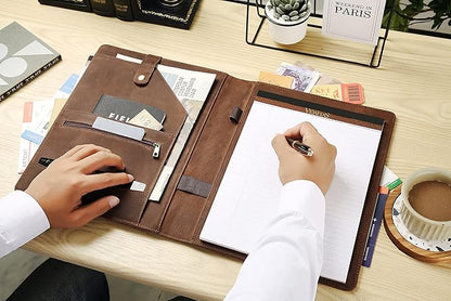 Personalized Leather Portfolio for Men, Engraved Leather Clipboard Portfolio Binder, Custom Leather Resume Padfolio for Women, Christmas Gift for His/Her (Notepad, Khaki-Custom)