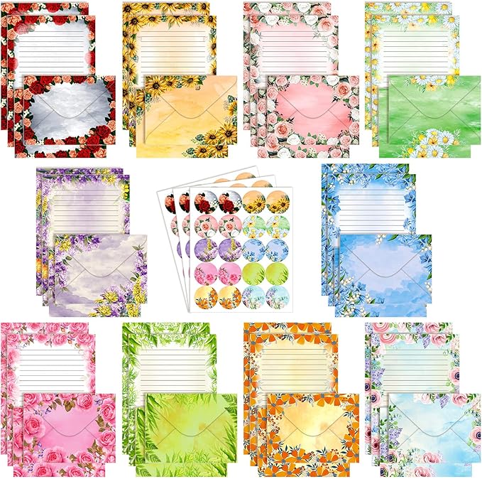 TaoBary 160 Packs Stationery Paper Set (50 Double Sided Stationery Writing Papers 50 Matching Envelopes) 60 Round Dot Sticker, 10 Design(Flower,5.5 x 8.25 Inch)