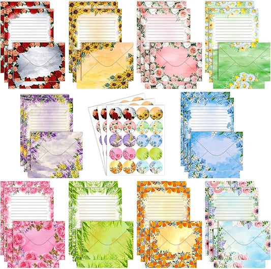 TaoBary 160 Packs Stationery Paper Set (50 Double Sided Stationery Writing Papers 50 Matching Envelopes) 60 Round Dot Sticker, 10 Design(Flower,5.5 x 8.25 Inch)