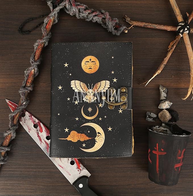 Handmade Leather Journal, Black, Sun & Moon Design, 7 x 5 Inch, 200 Unruled Pages, Hand Embossed, Deckle Edge Paper, Brass Clasp Lock, Vintage Notebook Diary, Sketchbook for Artists & Writers