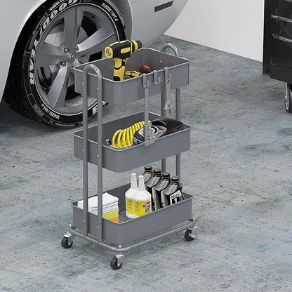 Simple Houseware Heavy Duty 3-Tier Metal Utility Rolling Cart, Silver