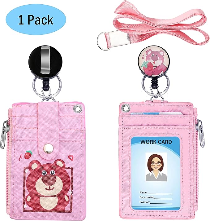 Cute ID Badge Holder Retractable Lanyard Reel Clip with Heavy Duty Carabiner, 5 Card Slots in 2 Sided with Key Ring and Zipper for Students Teens Boys Girls Office Staff Women (Red Bear)