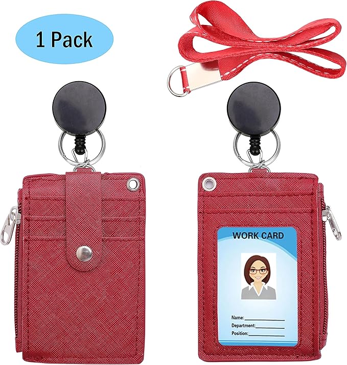 Cute ID Badge Holder Retractable Lanyard Reel Clip with Heavy Duty Carabiner, 5 Card Slots in 2 Sided with Key Ring and Zipper for Women Students Teens Girls Office Staff (Red)