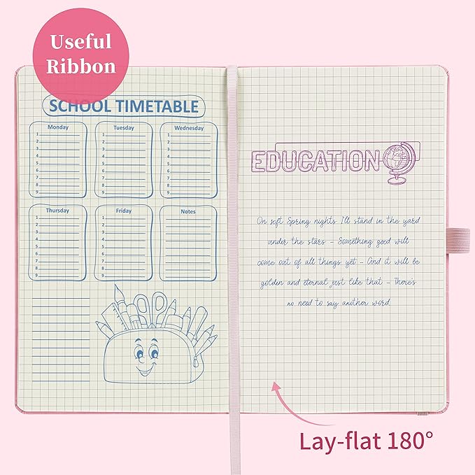 Graph Grid Paper Notebook/Journal - Classic Journal/Notebook with Ribbon Divider, Hardcover with Thick Paper, 5.3" x 8.26", Banded + Pen Holder +Inner Pocket - Pink
