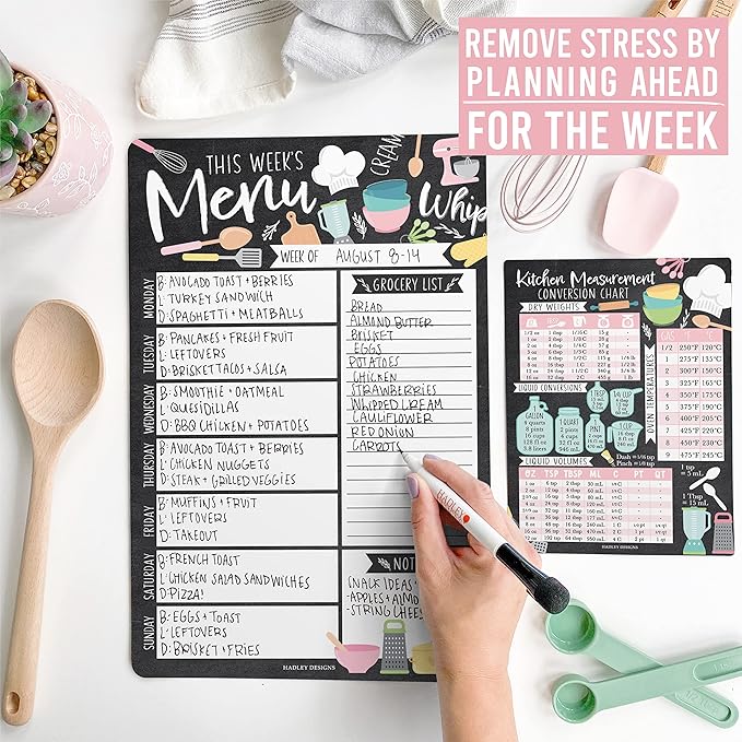 Doodle Magnetic Weekly Meal Planner Dry Erase Board for Refrigerator - Magnetic Meal Planner for Refrigerator Dry Erase, Weekly Dinner Menu Board for Kitchen Conversion Chart Magnet, Grocery List…