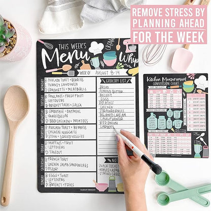 Doodle Magnetic Weekly Meal Planner Dry Erase Board for Refrigerator - Magnetic Meal Planner for Refrigerator Dry Erase, Weekly Dinner Menu Board for Kitchen Conversion Chart Magnet, Grocery List…