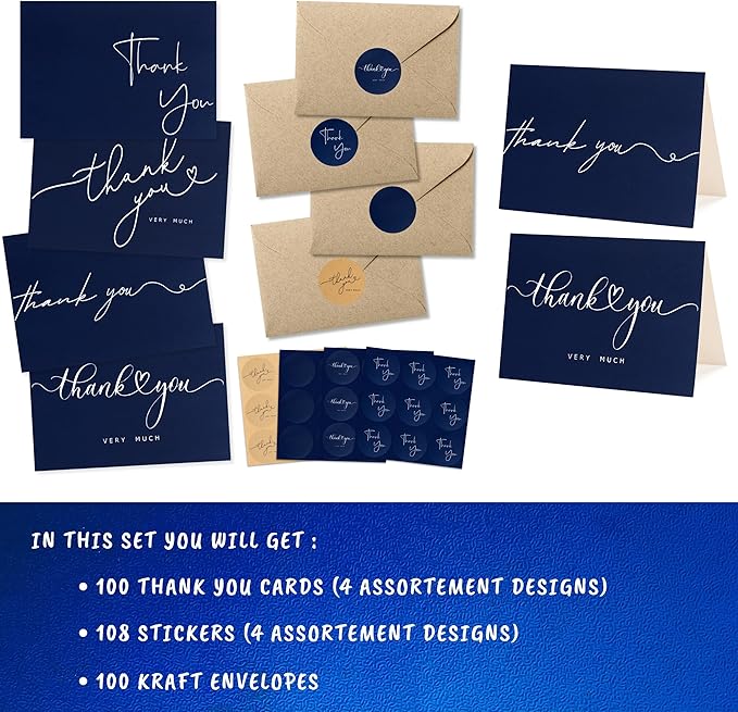 100 Bulk Navy Thank You Cards with Kraft Envelopes and stickers - 4 Minimalistic Designs Blank Thank You Notes with Envelopes Matt for business Wedding Bridal Gift Baby Shower Business Graduation